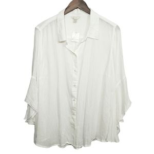 NWT Cato Est. 1946 White Button Front Blouse Shirt Ruffled Bell Sleeves 18/20W